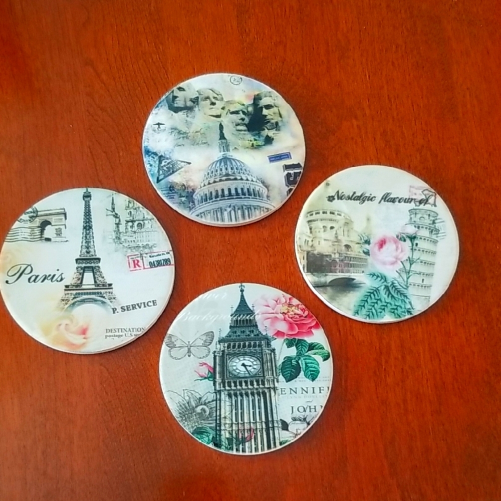 Set of 4 Travel-Themed ceramic Coasters